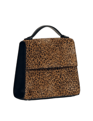 Side view of Hunting Season leopard-print suede handbag with structured silhouette
