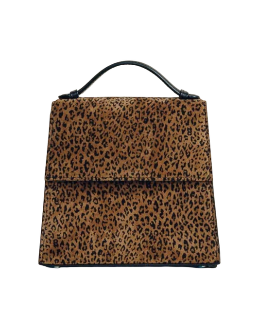Hunting Season Small Top Handle Suede Clutch in leopard animal print with black handle