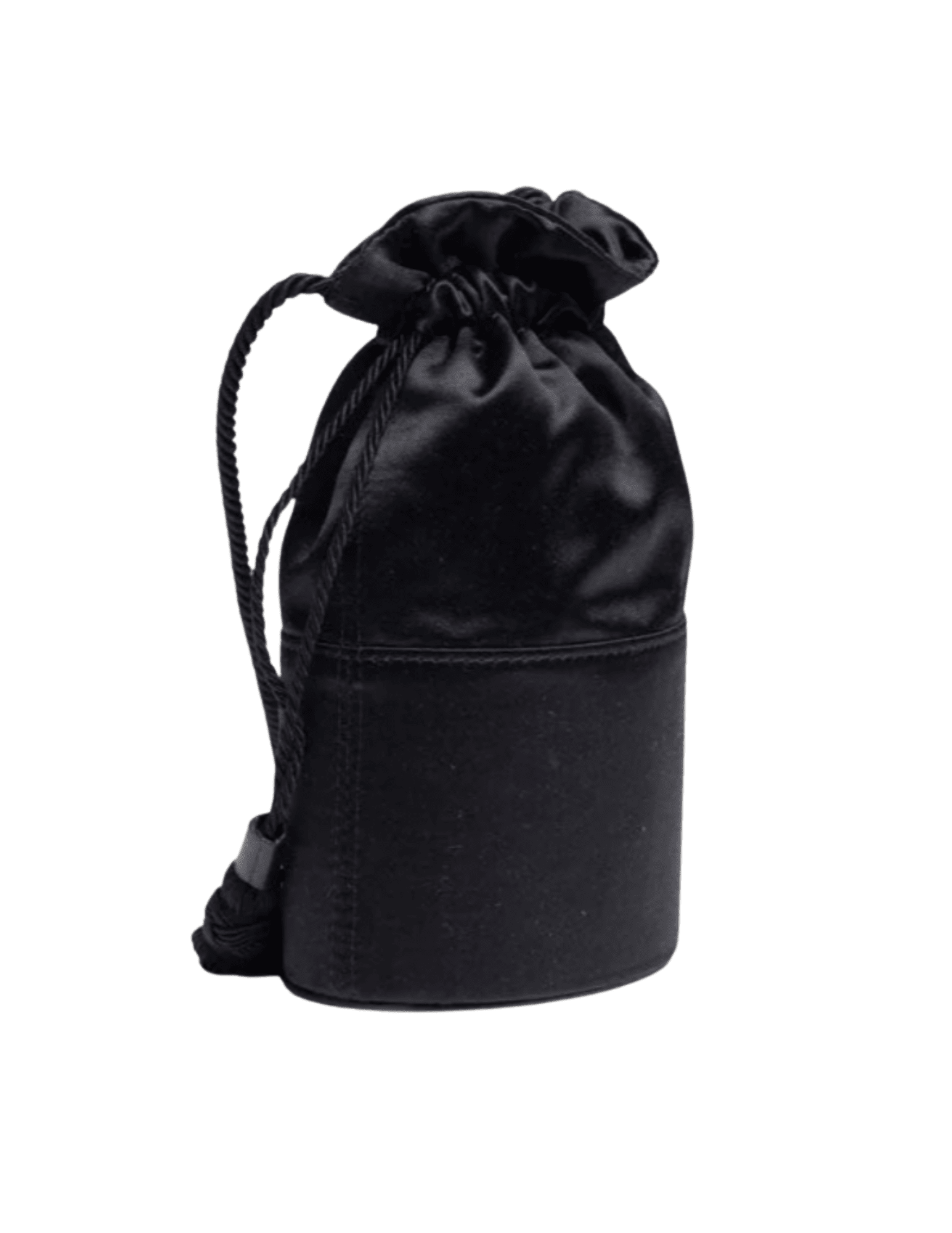 Side view of Hunting Season Lola satin bucket bag in black