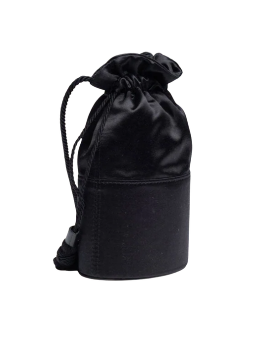 Side view of Hunting Season Lola satin bucket bag in black