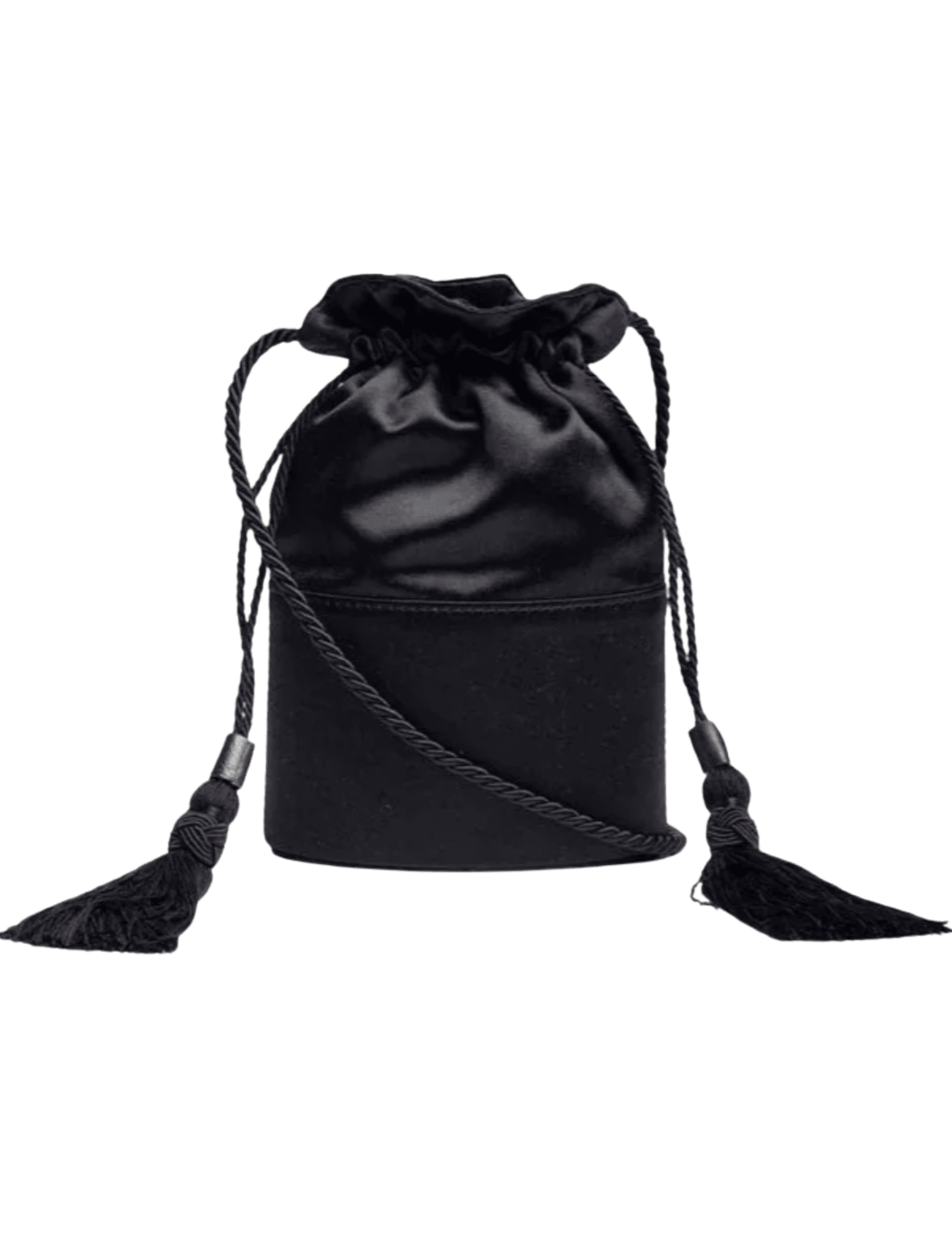 Hunting Season The Lola black satin bucket bag with drawstring tassels
