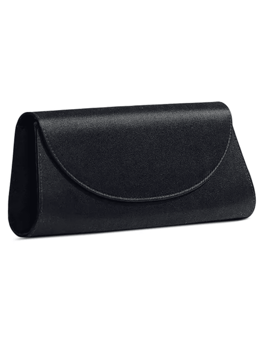 Angled view of Hunting Season Opera black satin evening clutch