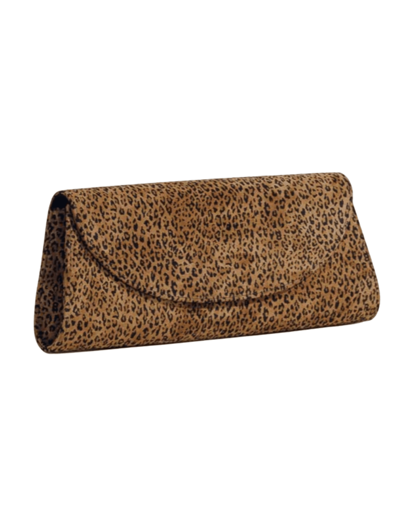 Angled view of Hunting Season Opera animal print suede clutch with magnetic flap