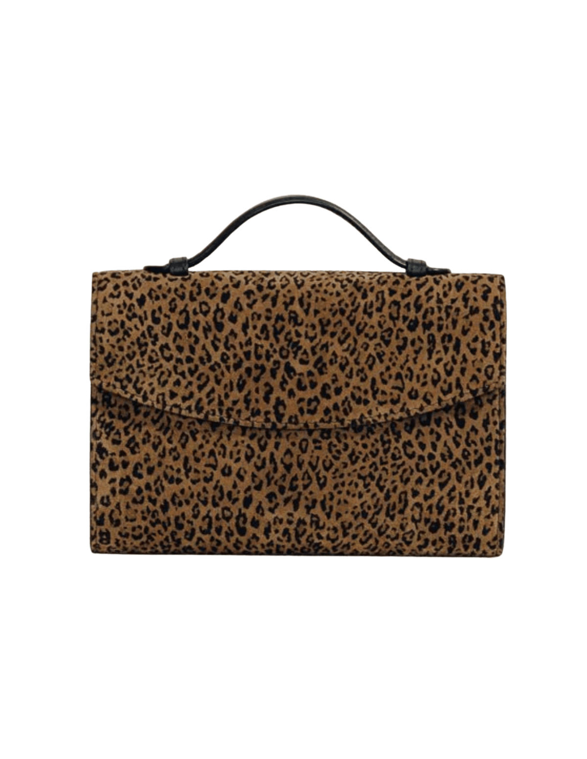 Hunting Season Top Handle leopard print suede clutch with structured silhouette