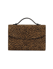 Hunting Season Top Handle leopard print suede clutch with structured silhouette