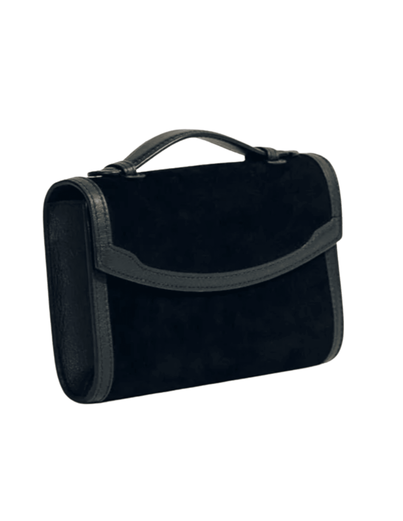 Angled view of Hunting Season black suede clutch with sculpted leather trim