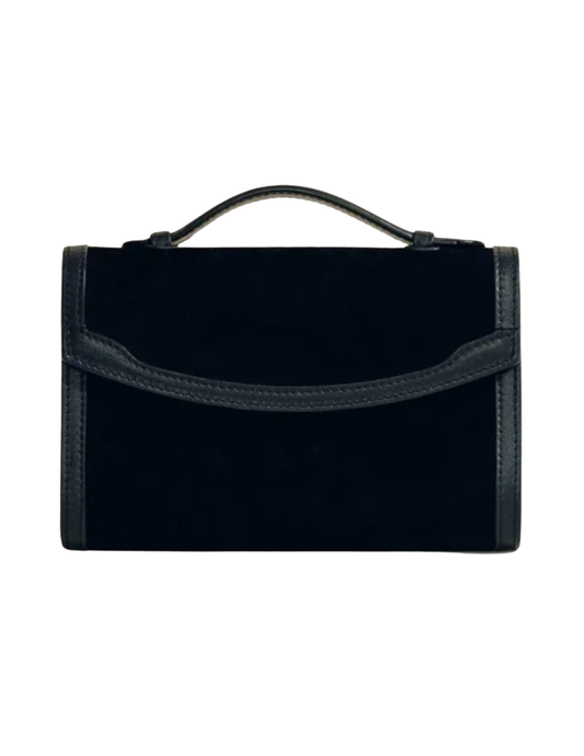 Hunting Season black suede top handle clutch with Western-inspired leather trim