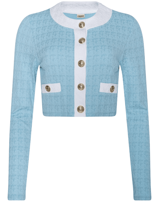 L’AGENCE Adaline Swim Cardigan in Powder Blue and White front view