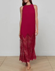 Front view of L’AGENCE Adalynn Combination Pleated Maxi Dress in Black Cherry