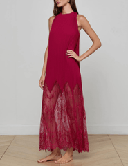 Front view of L’AGENCE Adalynn Combination Pleated Maxi Dress in Black Cherry