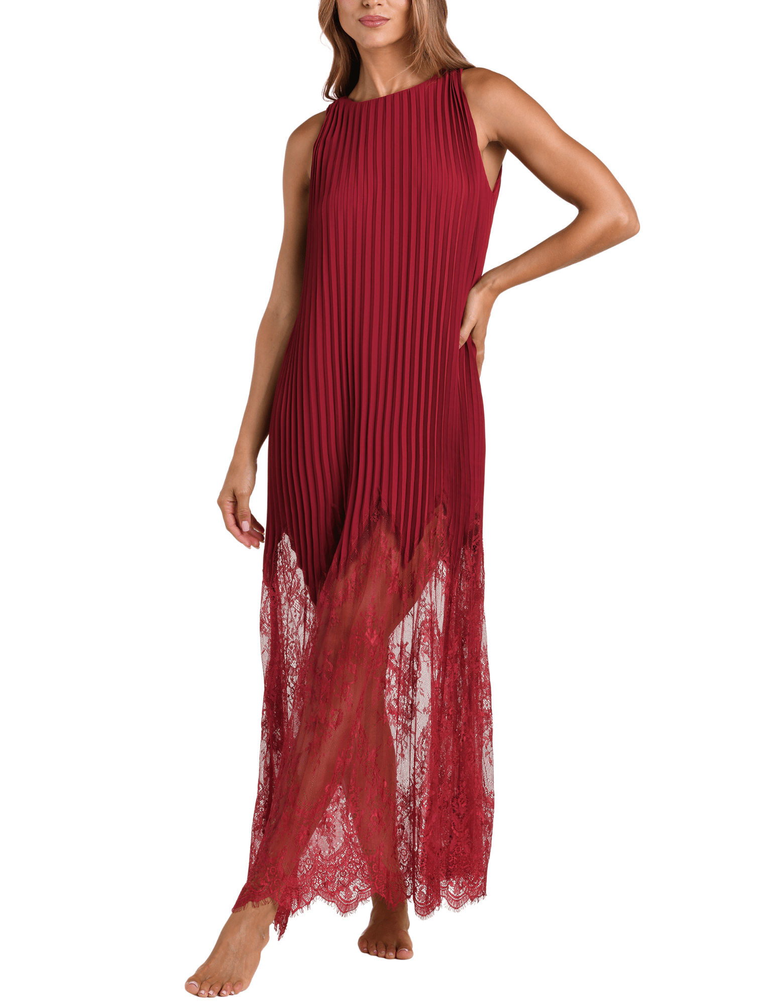Front view of L’AGENCE Adalynn Combination Pleated Maxi Dress in Black Cherry