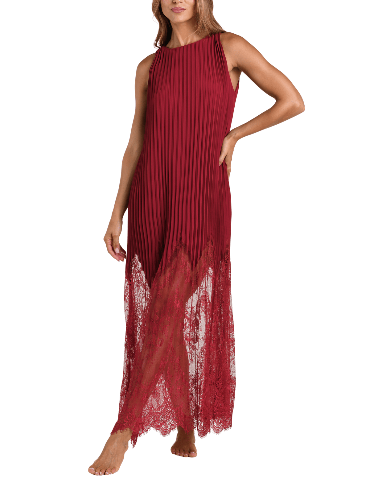 Front view of L’AGENCE Adalynn Combination Pleated Maxi Dress in Black Cherry