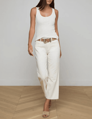 Full body view of L'AGENCE Adira pointelle rib scoop neck tank top in antique white