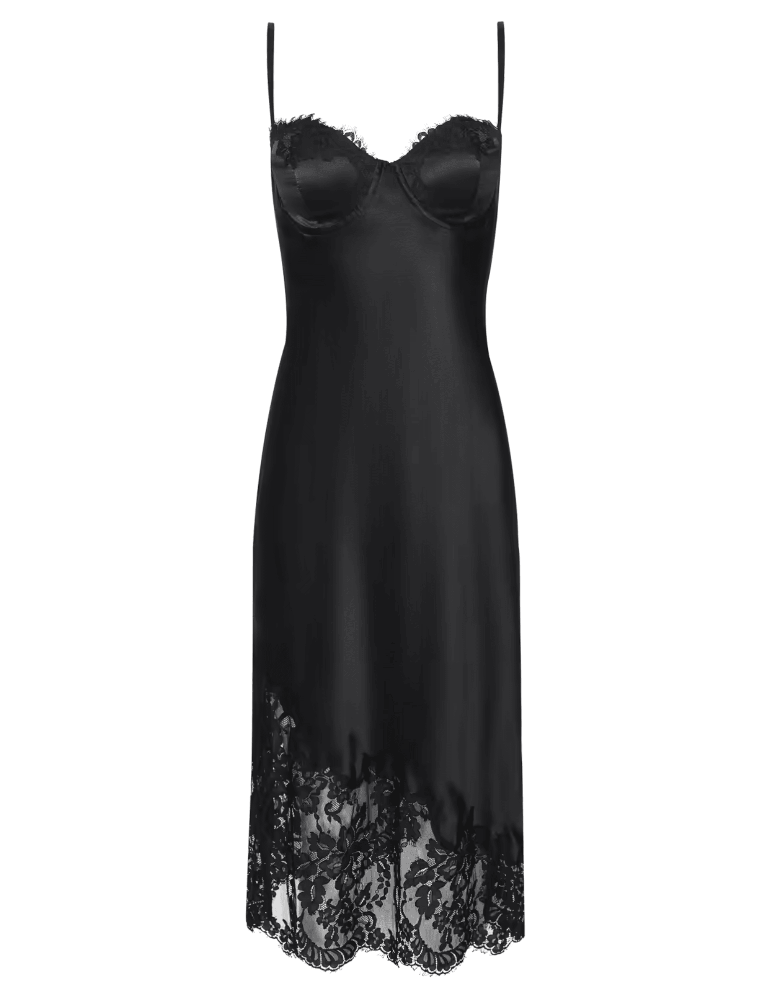 L'AGENCE Adrienne black silk charmeuse midi slip dress with lace-trimmed bustier neckline and floral lace hem