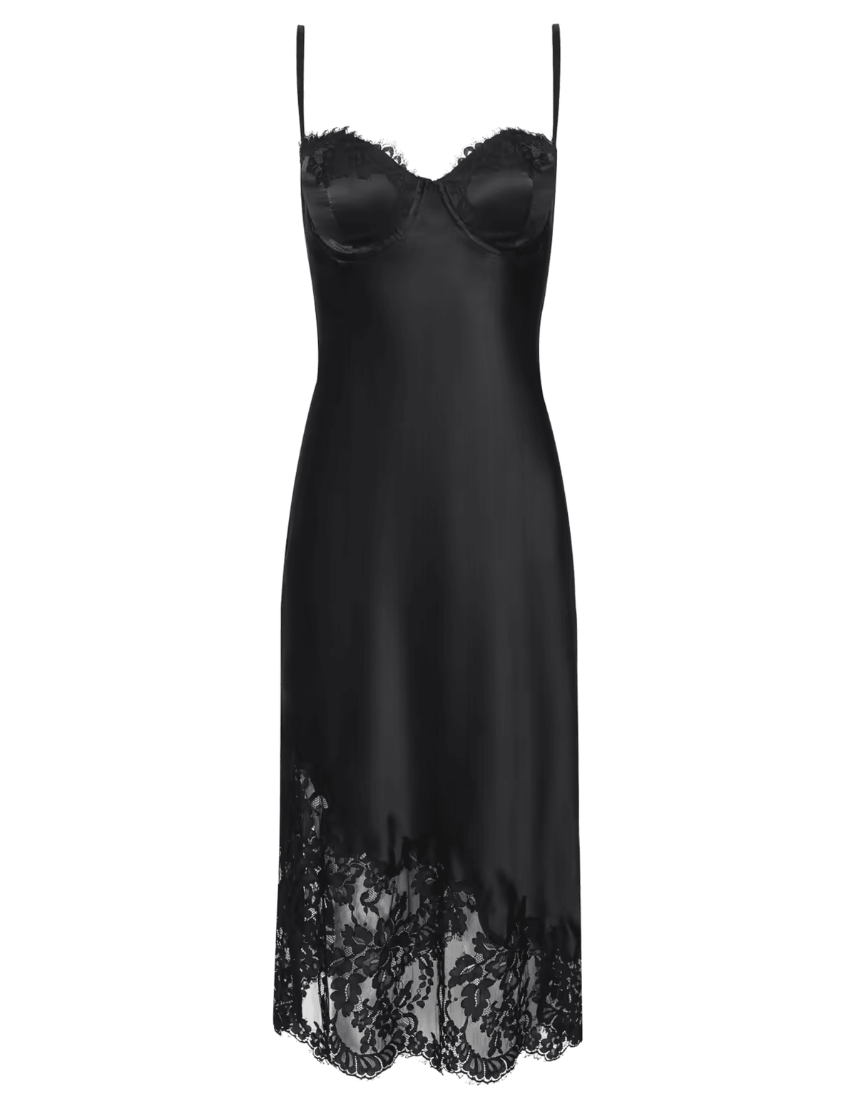L'AGENCE Adrienne black silk charmeuse midi slip dress with lace-trimmed bustier neckline and floral lace hem