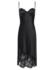 L'AGENCE Adrienne black silk charmeuse midi slip dress with lace-trimmed bustier neckline and floral lace hem