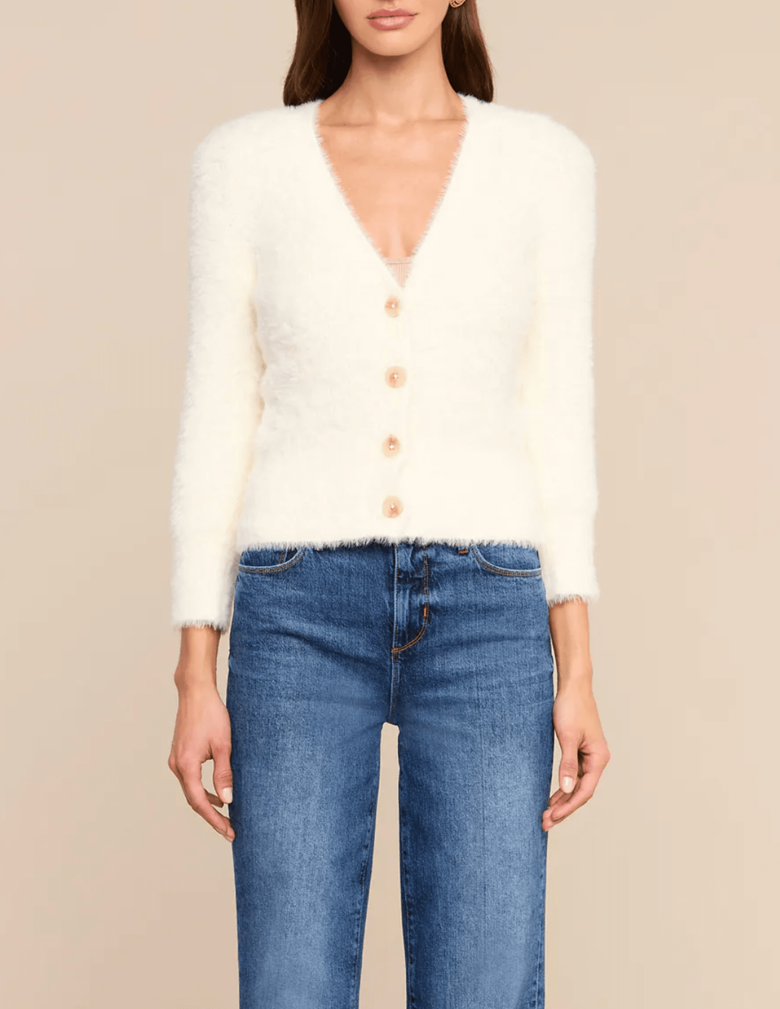 Front view of L'AGENCE Agathe Fuzzy Cardigan in Ivory