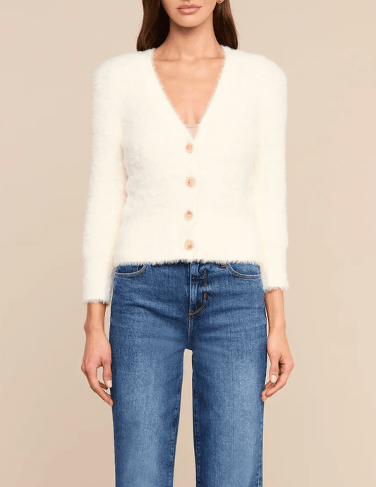 Front view of L'AGENCE Agathe Fuzzy Cardigan in Ivory