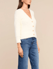 Side view of L'AGENCE Agathe Fuzzy Cardigan in Ivory