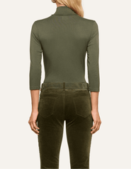 Back view of L'AGENCE Aja Army Green Turtleneck showcasing its fitted silhouette and three-quarter sleeves.