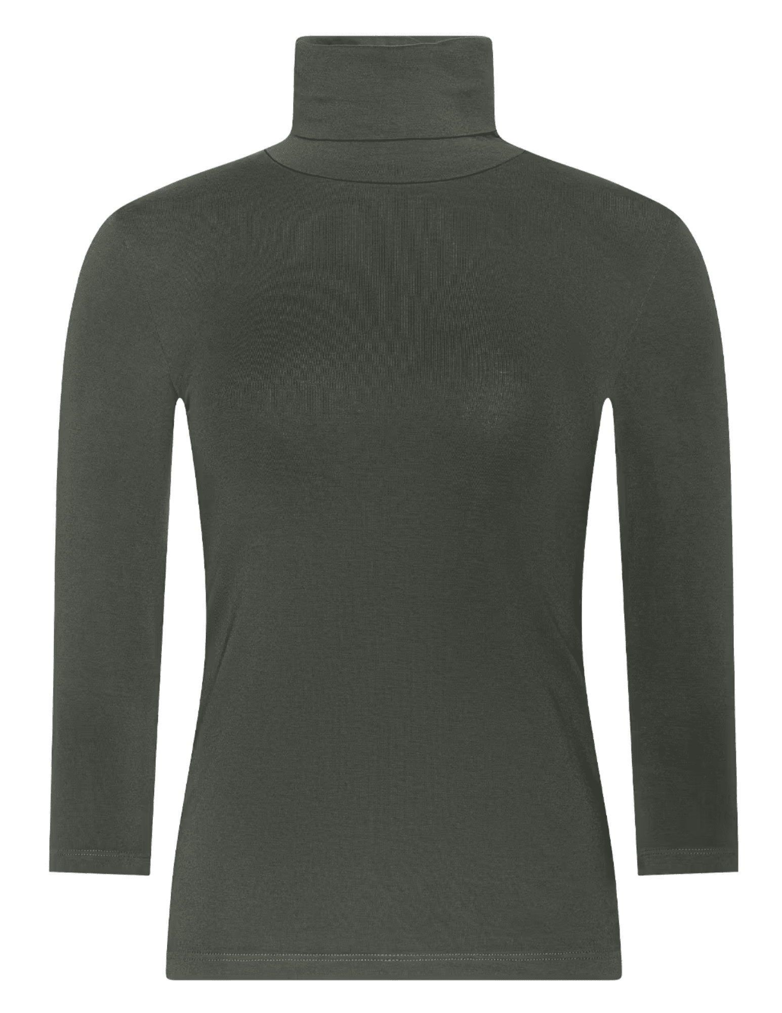 L'AGENCE Aja Three Quarter Sleeve Turtleneck in Army Green featuring a slim fit and soft stretch knit.