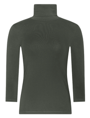 L'AGENCE Aja Three Quarter Sleeve Turtleneck in Army Green featuring a slim fit and soft stretch knit.