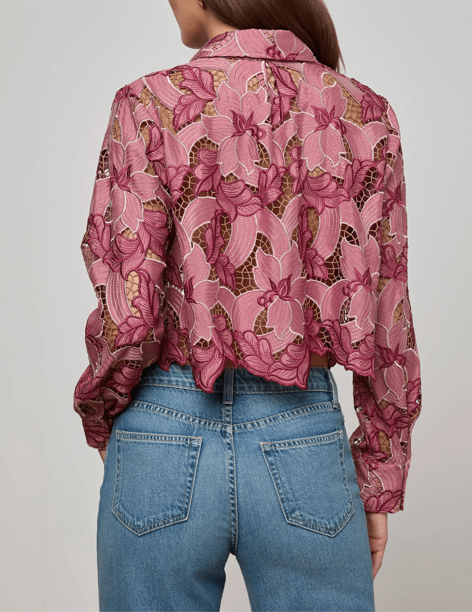 L’Agence Akemi Lace Cropped Blouse in Mauve Multi Eyelet with floral embroidery back view
