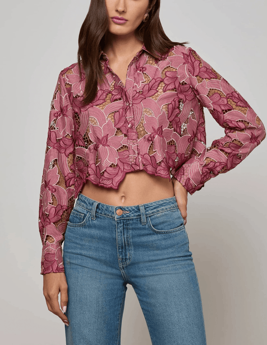 L’Agence Akemi Lace Cropped Blouse in Mauve Multi Eyelet with floral embroidery front view