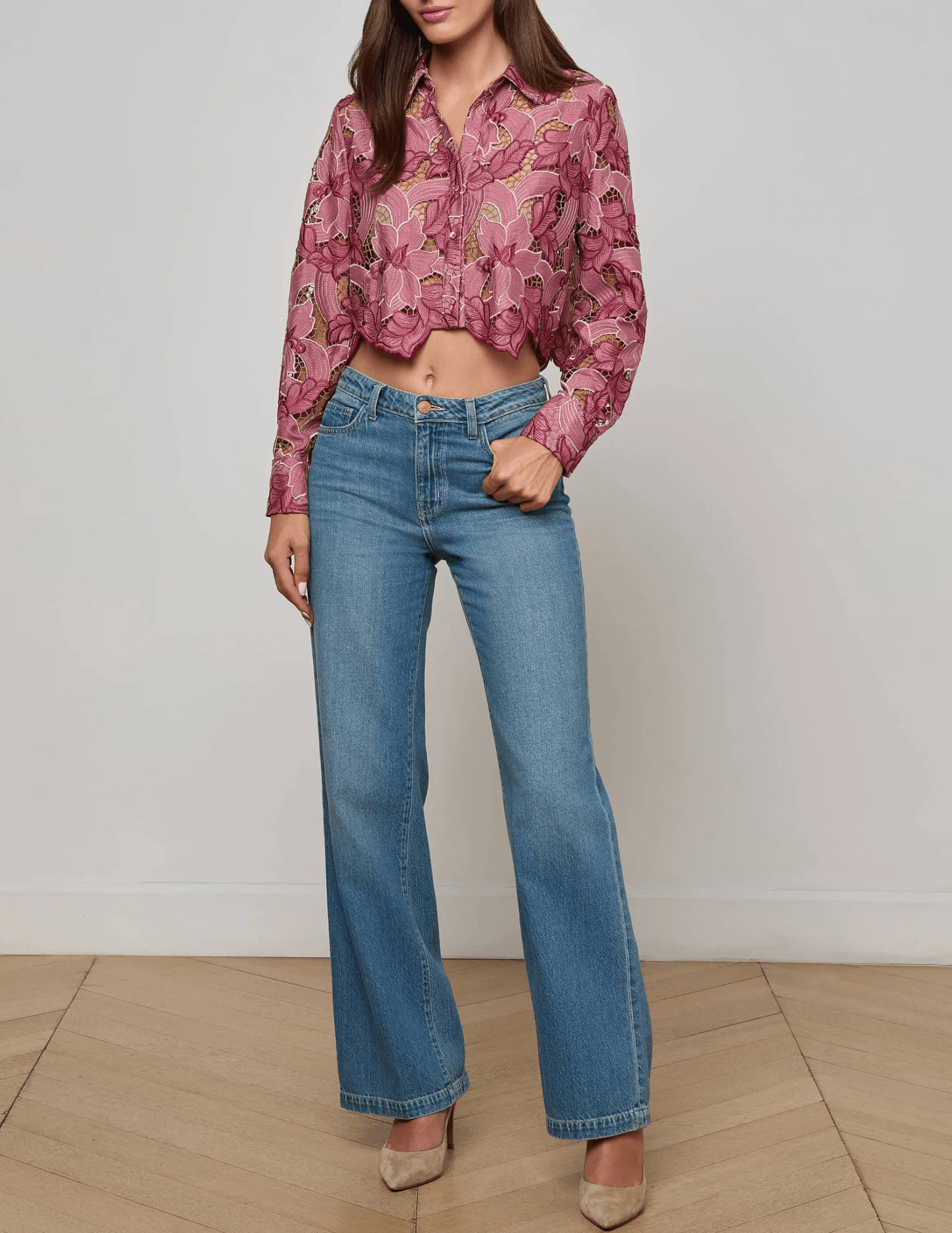 L’Agence Akemi Lace Cropped Blouse in Mauve Multi Eyelet with floral embroidery full body view