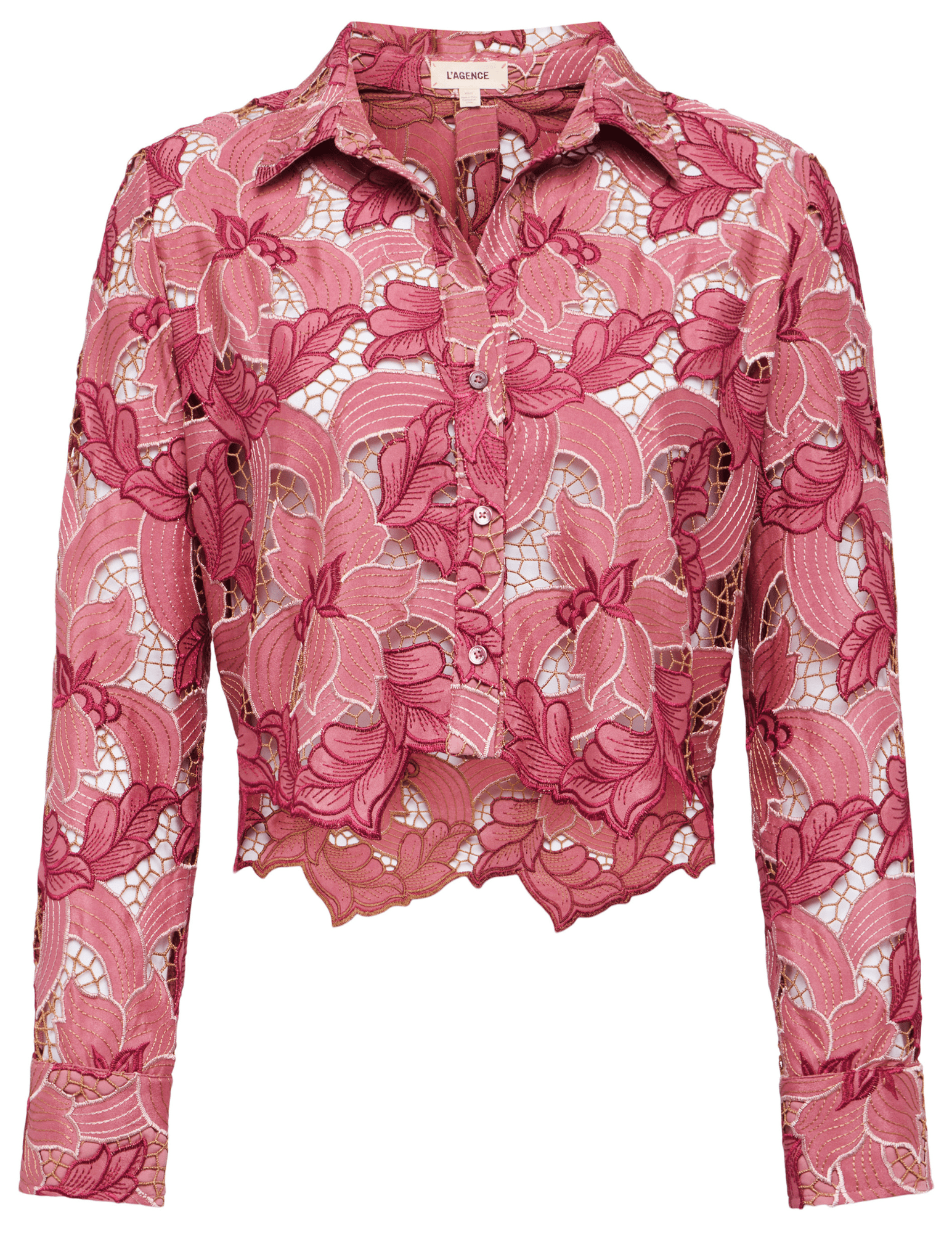 L’Agence Akemi Lace Cropped Blouse in Mauve Multi Eyelet with floral embroidery
