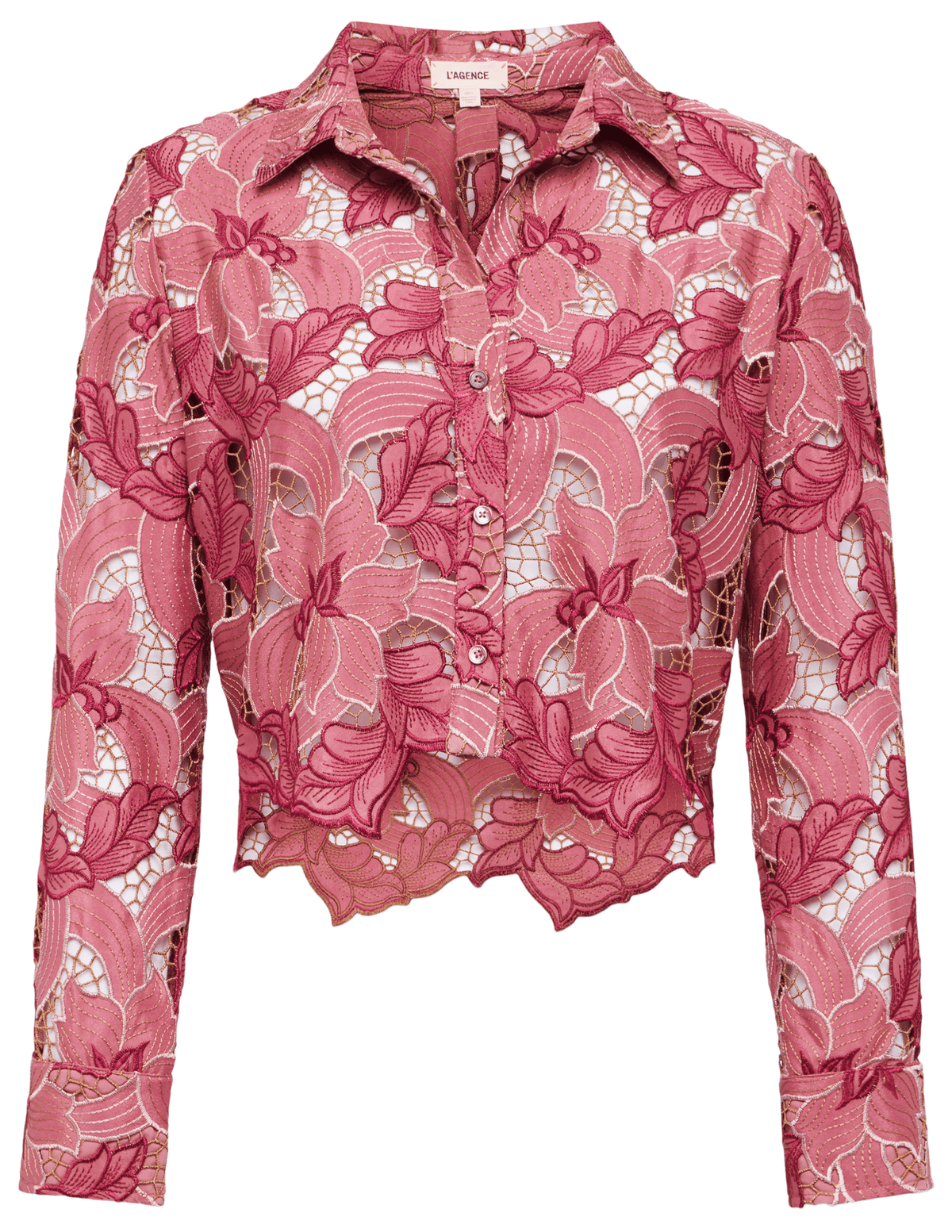 L’Agence Akemi Lace Cropped Blouse in Mauve Multi Eyelet with floral embroidery