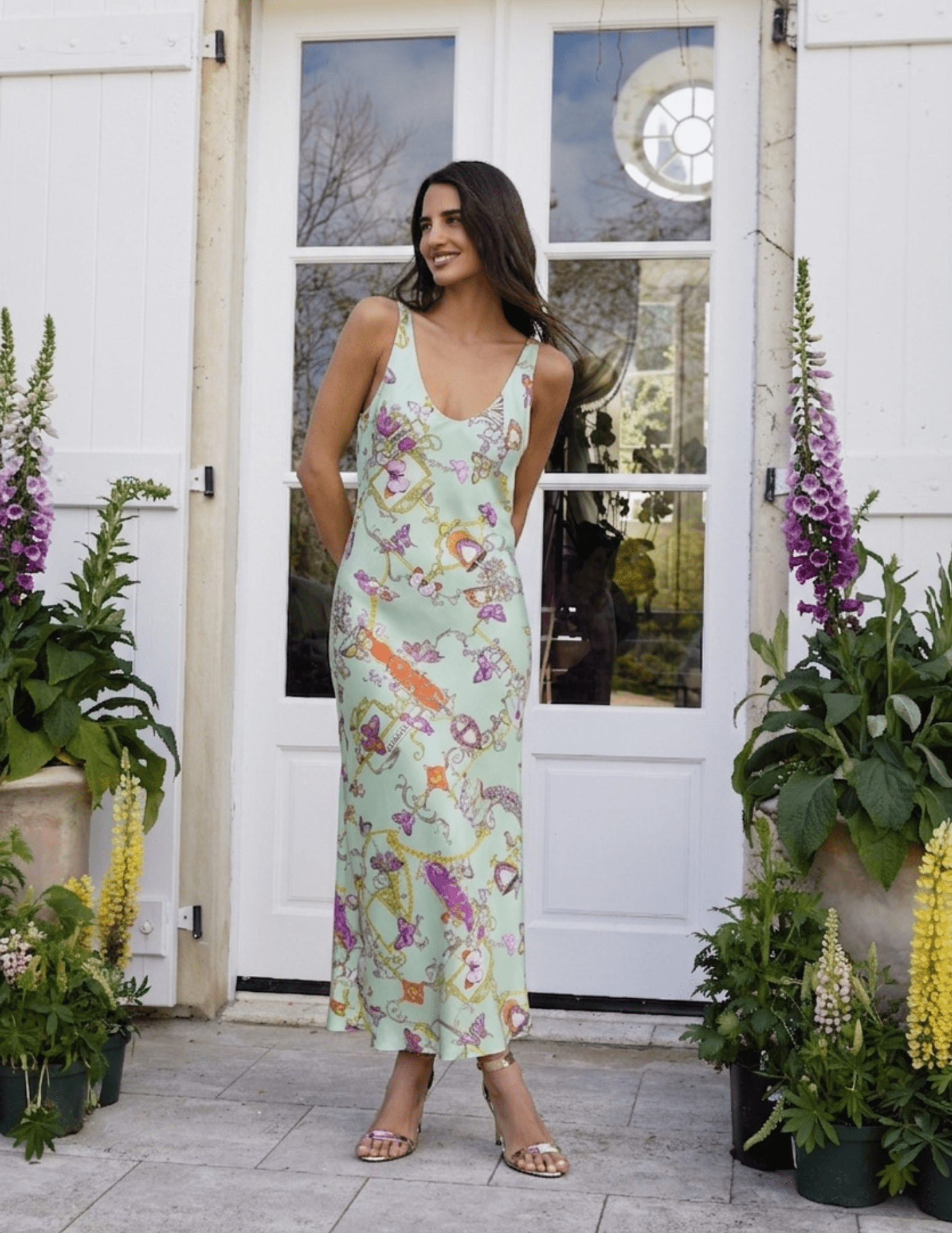 L’Agence Akiya scoop neck midi dress in baroque toile print on model