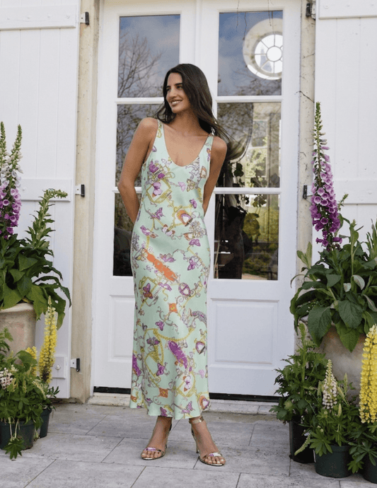 L’Agence Akiya scoop neck midi dress in baroque toile print on model