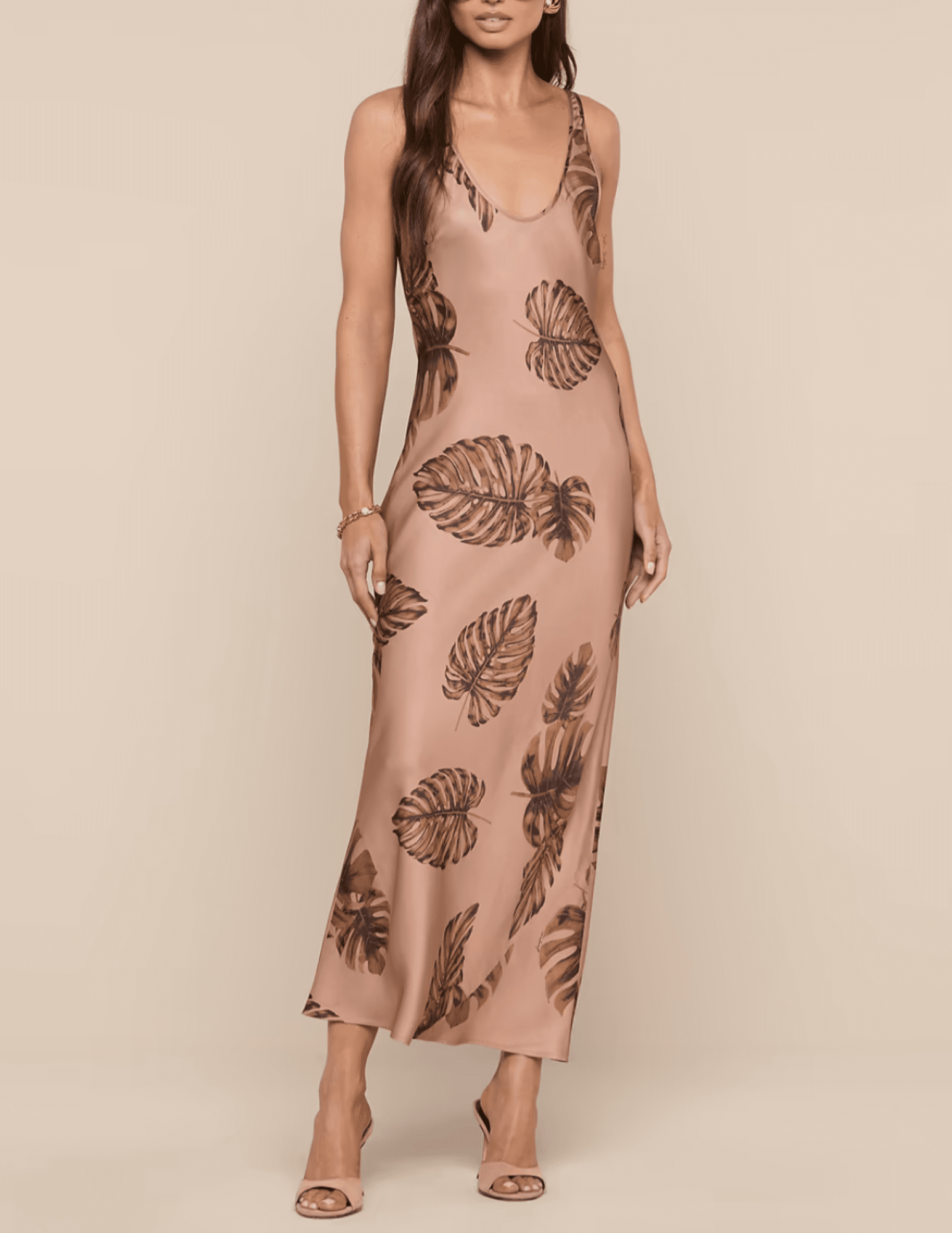 Front view of hazelnut palm print midi dress
