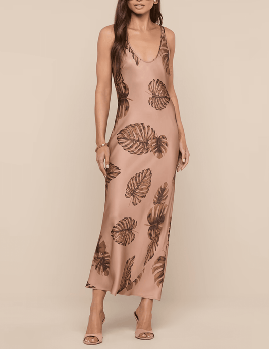Front view of hazelnut palm print midi dress
