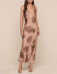 Front view of hazelnut palm print midi dress