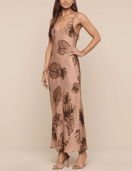 Side view of hazelnut palm print midi dress