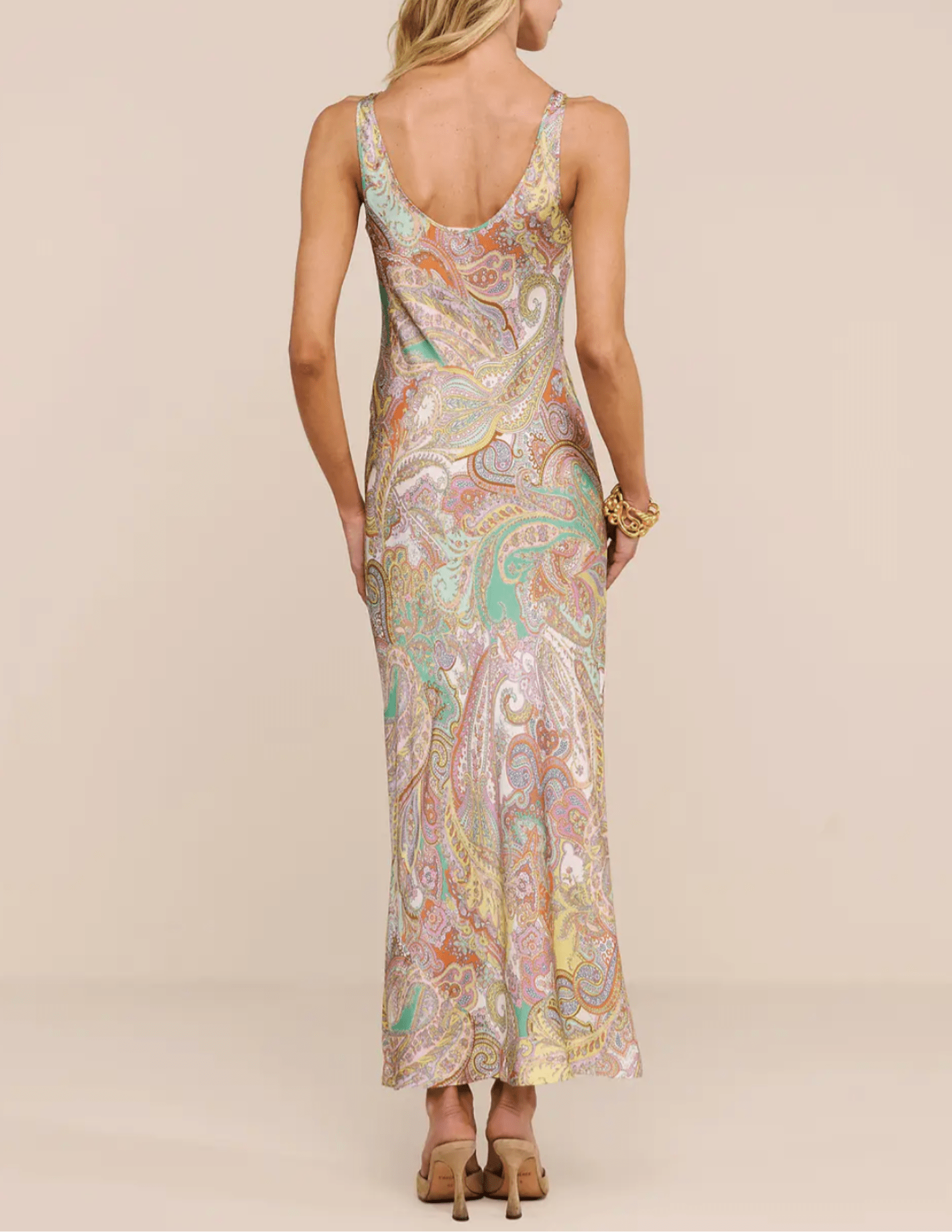 Back view of L'AGENCE Akiya Green Multi Cluster Paisley dress