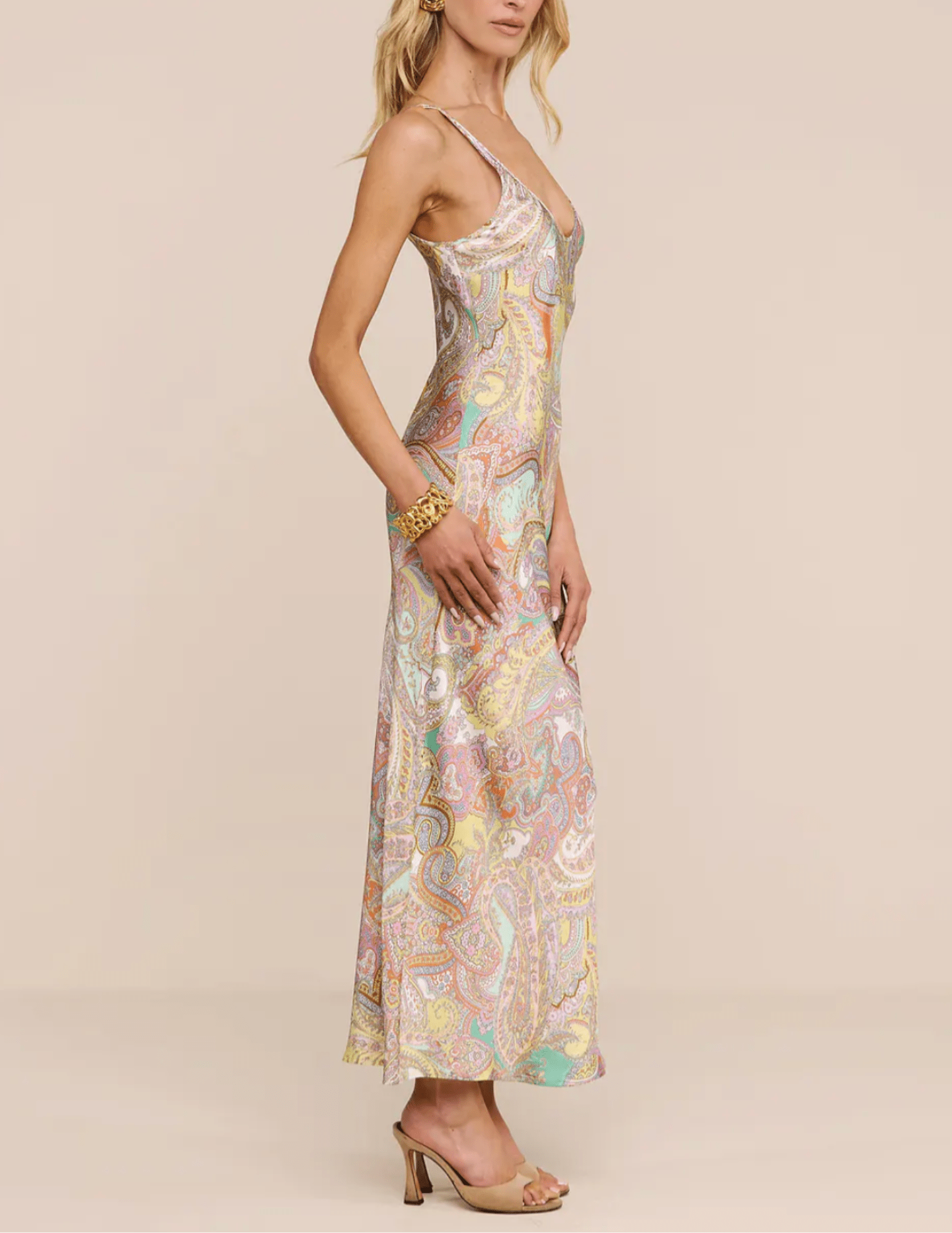 Side view of L'AGENCE Akiya scoop neck paisley maxi dress