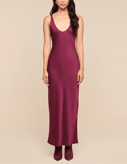 Front view of L’AGENCE Akiya Scoop Neck Midi Dress Merlot Red
