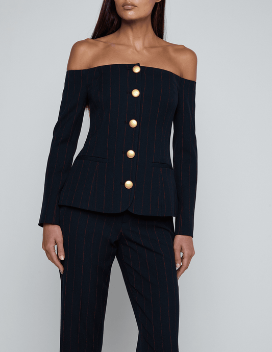 Front view of L’AGENCE Alice Off-Shoulder Blazer in Midnight Burgundy Pinstripe with gold dome buttons.”