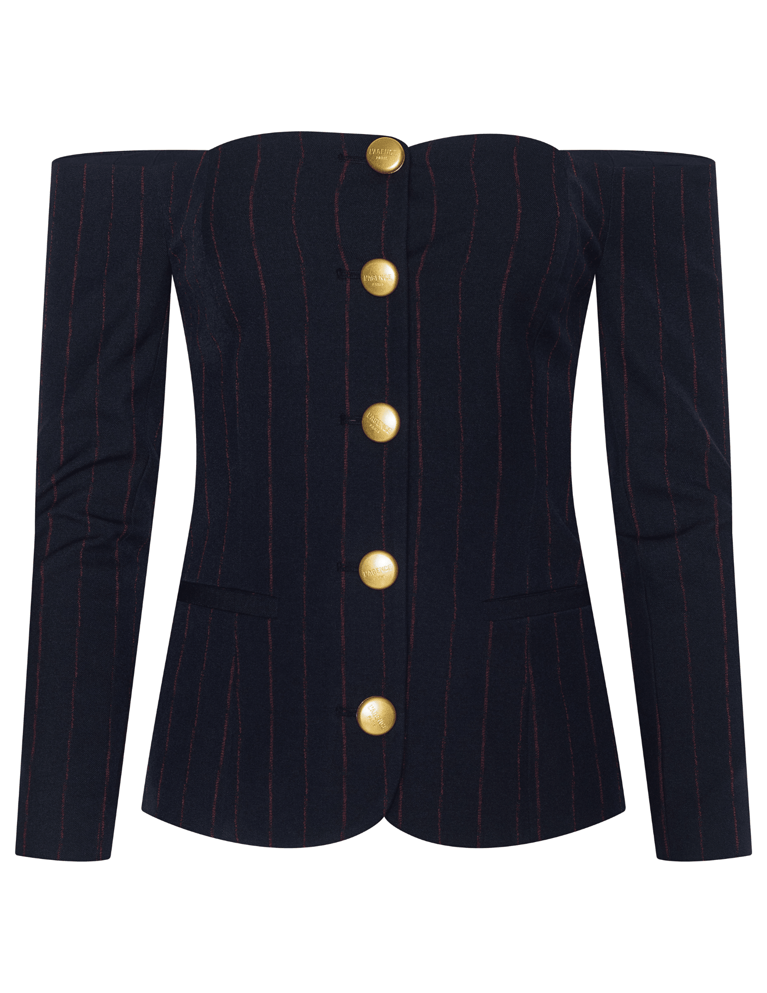 L’AGENCE Alice Off-Shoulder Blazer in Midnight Burgundy Pinstripe with gold dome buttons.”