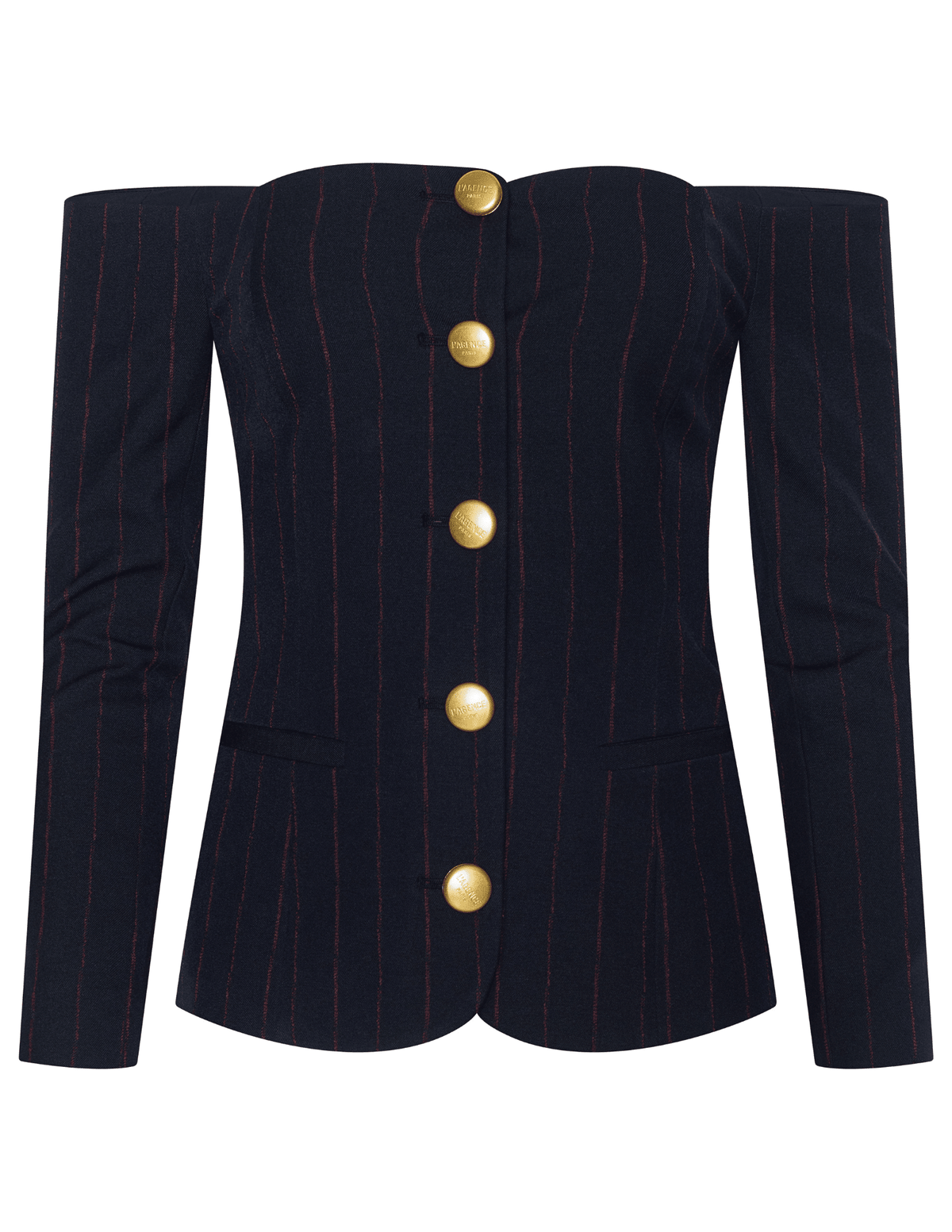 L’AGENCE Alice Off-Shoulder Blazer in Midnight Burgundy Pinstripe with gold dome buttons.”