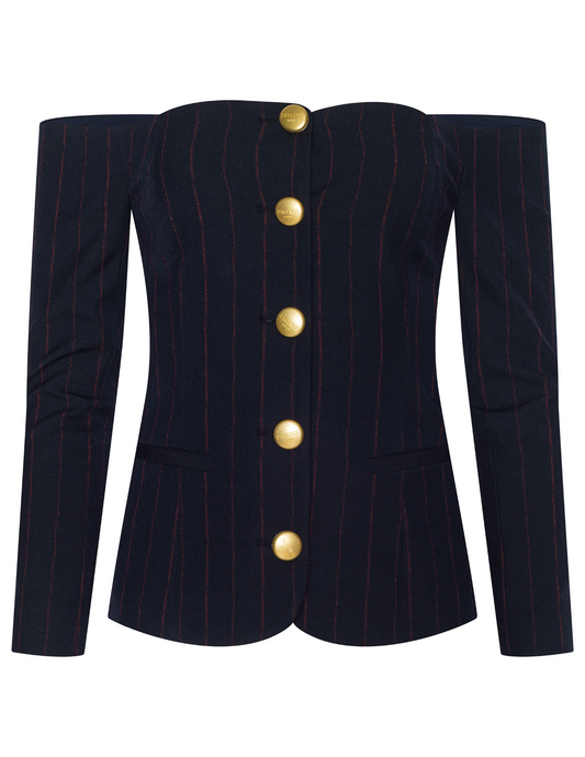 L’AGENCE Alice Off-Shoulder Blazer in Midnight Burgundy Pinstripe with gold dome buttons.”