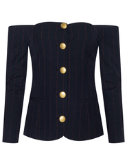 L’AGENCE Alice Off-Shoulder Blazer in Midnight Burgundy Pinstripe with gold dome buttons.”