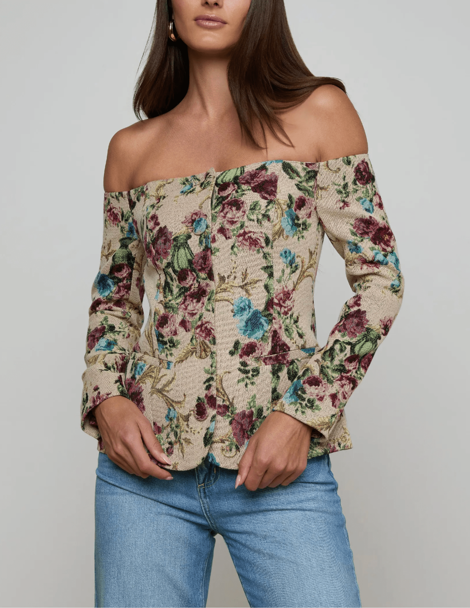 Front view of L’AGENCE Alice floral tapestry blazer