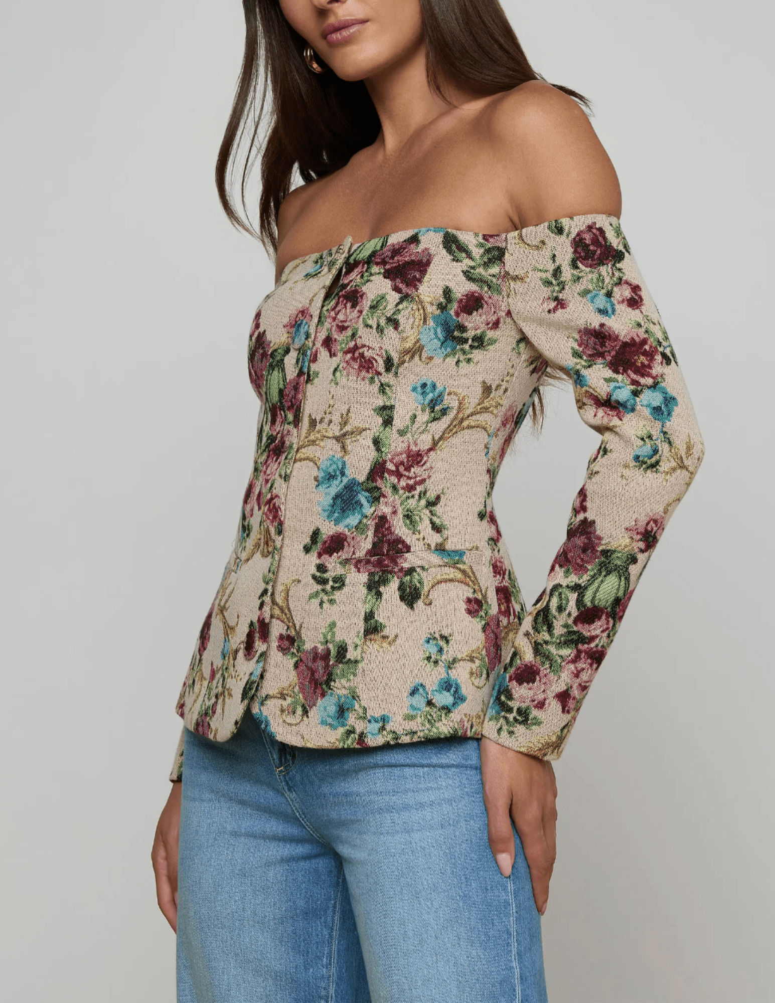 Side view of L’AGENCE Alice floral tapestry blazer