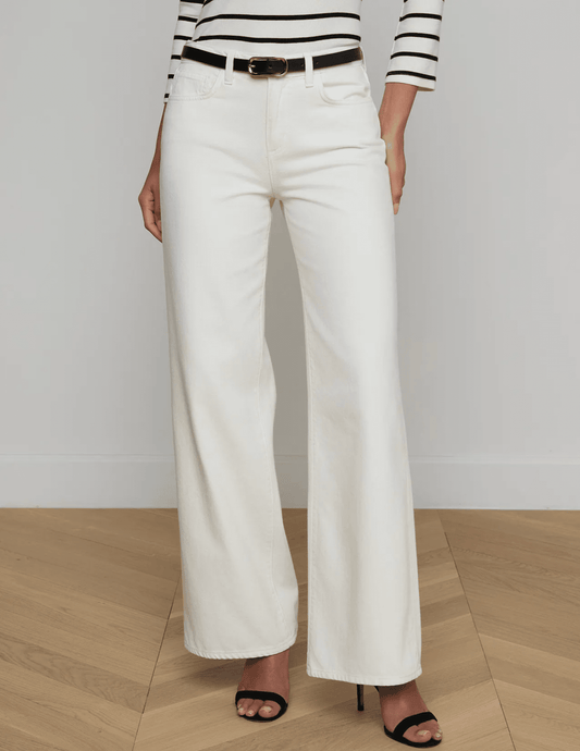 Front view of L'AGENCE Alicent high rise wide leg crop jean in light ecru denim