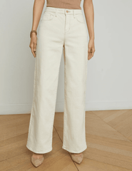 L'AGENCE Alicent high rise wide leg cropped jeans in Macadamia wash, neutral-toned women’s denim featuring a high waist and wide cropped leg silhouette front model view

