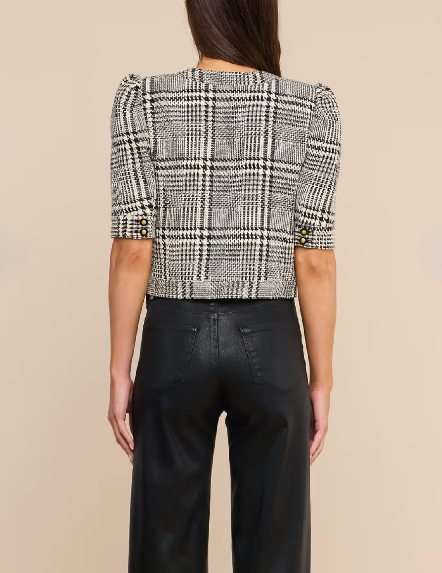 Back view of L'AGENCE Allegra Short Sleeve Jacket Black White Glen Plaid